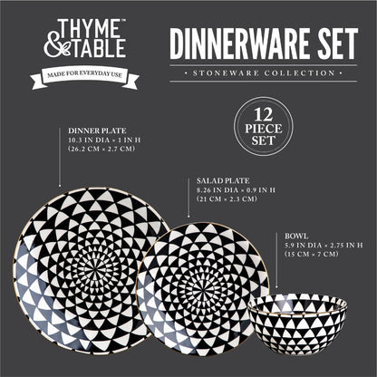 Dinnerware Black & White Medallion Stoneware, 12 Piece Set Dinnerware Sets, Dinner Plates, Plates and Bowls Sets Round Plate