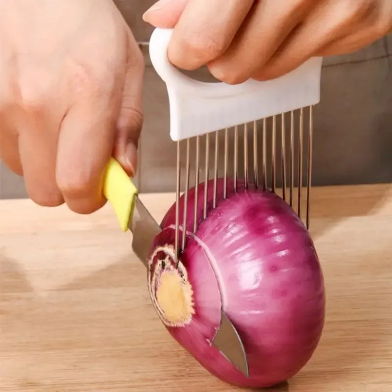 Effortlessly Slice Onions with this 1pc Colorful Onion Slicer Kitchen stainless steel potato chip onion holder for chopping assi