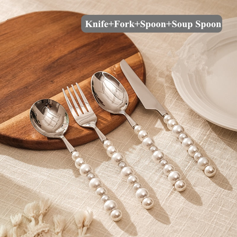 1/3/4Pcs Pearl Cutlery Set Western 18/10 Stainless Steel Tableware Wedding Diamond Inlaid Dinnerware Knife Fork Spoon Gift