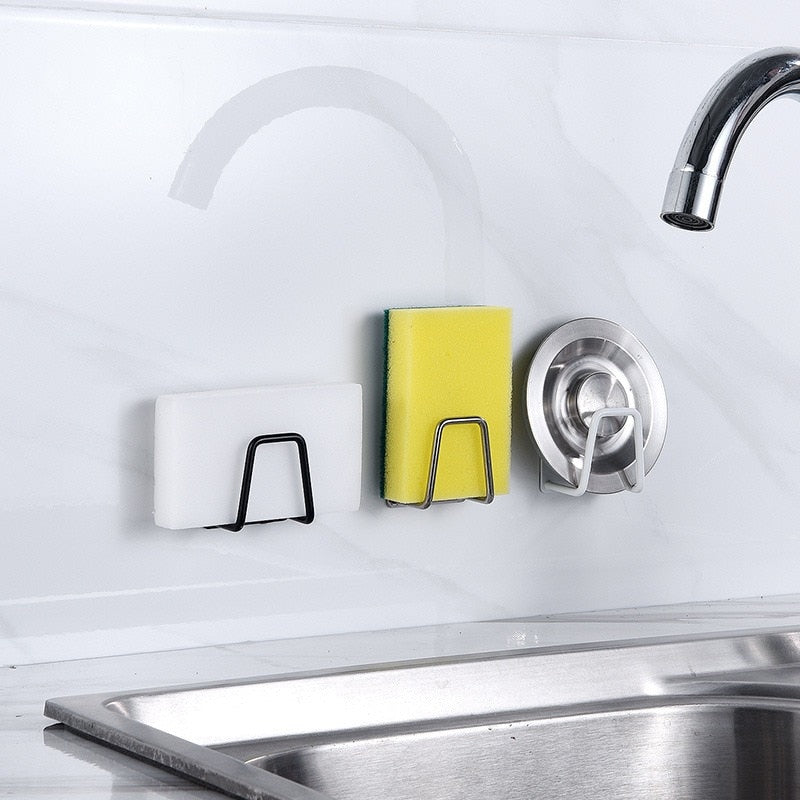 Kitchen Stainless Steel Sink Sponges Holder Self Adhesive Drain Drying Rack Kitchen Wall Hooks
